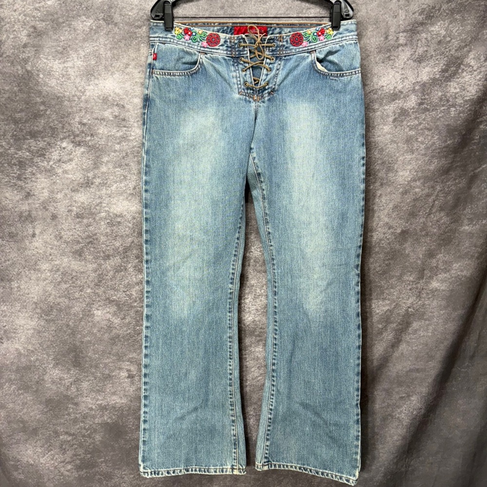 Y2K Hollister Boot Cut Flare Jeans Womens 8R Lace Up Fly Floral Embroidered RARE
